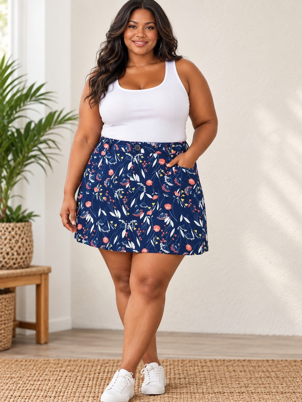 A118. St. John's Bay Floral Print Twill Skort Blue & Pink Waist 20W Like New
